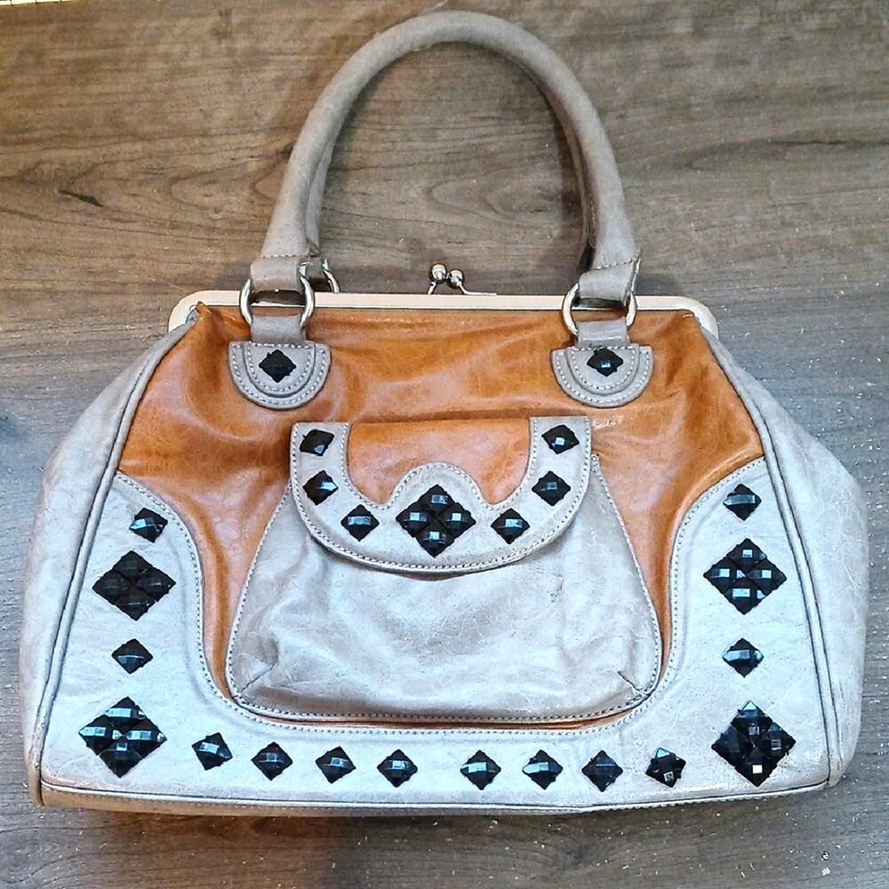 Chocolate New York Faux Leather Handbag With Jewel Accents